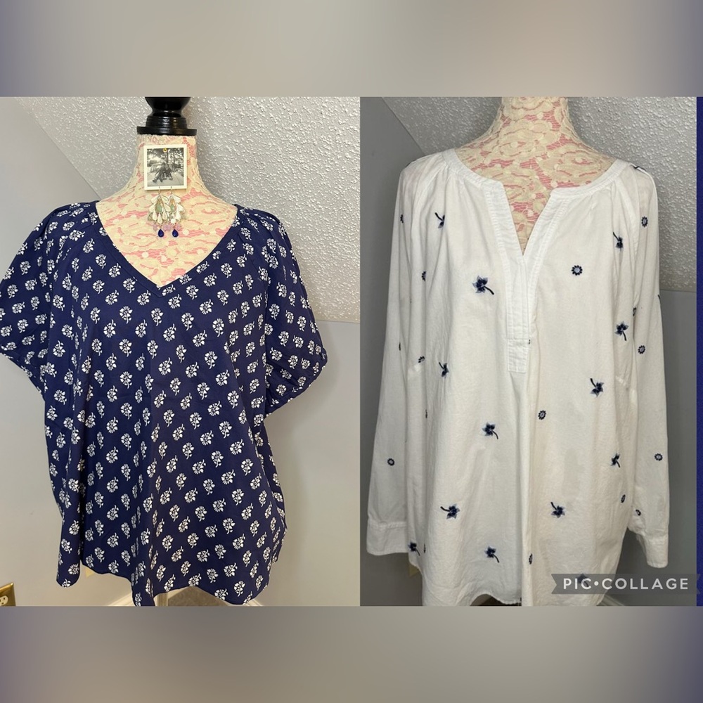 NWT/EUC LOT Tops (2) Sz 3X White Blue Flower Talbots J. Crew Embroidered Peasant